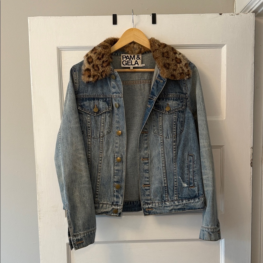 Pam & Gela 2010s Denim Jacket with Removable Leopard Print Rabbit Collar - Picture 6 of 6
